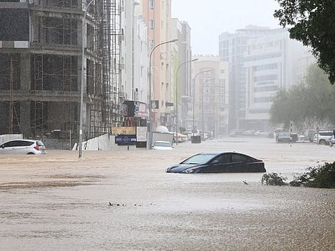 Cars on a flooded street in Muscat on October 3, 2021. Life in the national capital and other governorates has come to a standstill.
