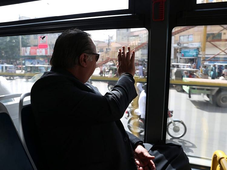 Sindh Governor Imran Ismail during the first trial run of Green Line bus service in Karachi.