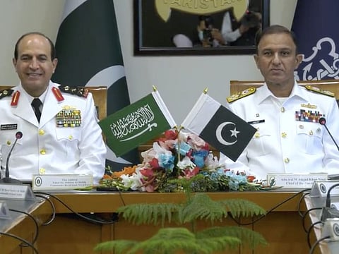 Saudi Naval Forces Commander General Fahd Bin Abdullah Al Ghufaili (left) with Pakistan Navy Chief Admiral Amjad Khan Niazi in Islamabad, on October 5, 2021. 