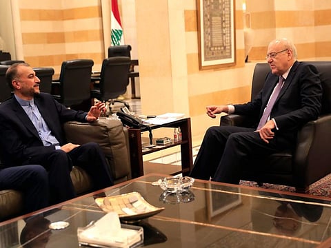 Lebanese Prime Minister Najib Mikati, right, meets with the Iranian Foreign Minister Hossein Amir-Abdollahian, at the government house, in Beirut, on October 7, 2021. 