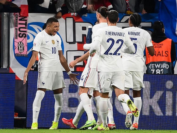 France's Kylian Mbappe celebrates with teammates after scoring against Belgium in the Nations League