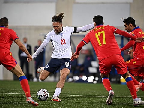 England's  midfielder Jack Grealish scores a goal against Andorra during their 5-0 rout in the World Cup 2022 qualifier at Estadi Nacional stadium in Andorra la Vella.