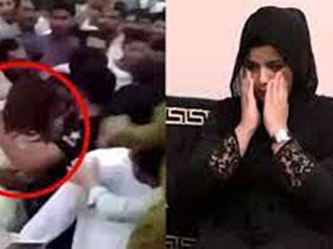 A mob assaulting TikTok star Ayesha Akram. Punjab police on Tuesday arrested three more individuals in the case.