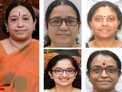 Left to Right (clockwise): Wayanad collector Geetha A, Idukki collector Sheeba George, Thrissur collector Haritha V. Kumar , Kottayam collector P.K. Jayasree, Pathanamthitta district collector Divya S. Iyer.