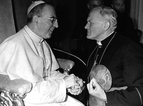 Pope John Paul I (left) meets Cardinal Karol Wojtyla, then-archbishop of Kracow, in this October 16, 1978 file photograph. Cardinal Wojtyla later became Pope John Paul II.