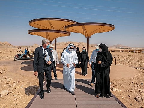 Officials from Sharjah’s Environment and Protected Areas Authority and Jersey's Durrell Wildlife Conservation Trust meeting at Buhais Geology Park, Sharjah