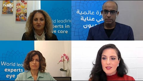 Clockwise: Dr Suhair Twaij, Consultant Ophthalmologist at Moorfields Eye Hospital Dubai; Dr Avinash Gurbaxani, Consultant Ophthalmic Surgeon in Uveitis and Medical Retinal Diseases and Cataract Surgery and Chief of Retina Service at Moorfields Eye Hospital Dubai;  Sally Moussa, Gulf News moderator; and Dr Luisa Sastre, Specialist Ophthalmologist in Medical Retina and Cataract Surgery at Moorfields Eye Hospital Dubai