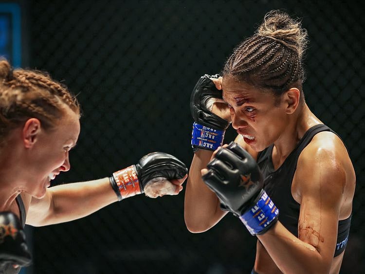 Valentina Schevchenko as Lady Killer and Halle Berry as Jackie Justice in ‘Bruised’