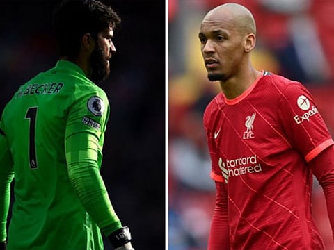Out of action... Alisson and Fabinho will miss Liverpool's match against Watford tomorrow.