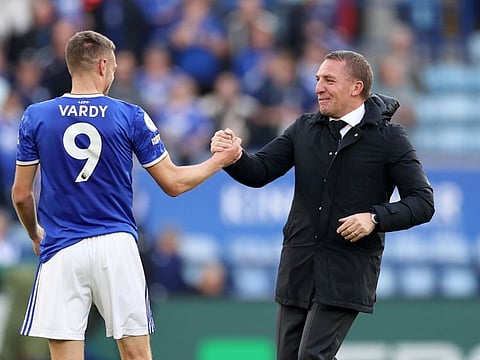 Leicester City manager Brendan Rodgers celebrates after the match with Jamie Vardy.