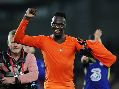 Chelsea's Edouard Mendy celebrates after the match against Brentford.