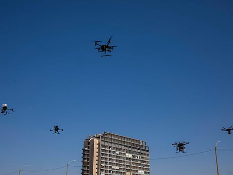 Drones carry goods as part of the National Drone Initiative test operation and demonstration for journalists, in Tel Aviv, Israel.