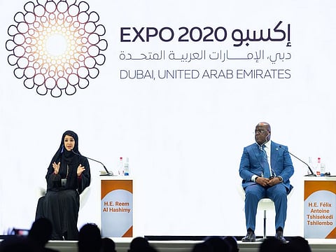 Tshisekedi speaking as part of the session titled Unleashing Africa’s Power at GBF Africa, along with Reem Al Hashimy, UAE Minister of State for International Cooperation and Director General of Expo 2020 Dubai