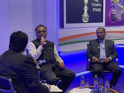 (L to R) R. Umamaheswaran, Scientific Secretary, ISRO and Dr Sam Dayal Dev, Director, ISRO Inertial Systems Unit at the press conference at India Pavilion at Expo 2020 Dubai on Sunday