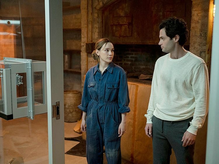 Penn Badgley, right, and Victoria Pedretti in Season 3 of "You" 