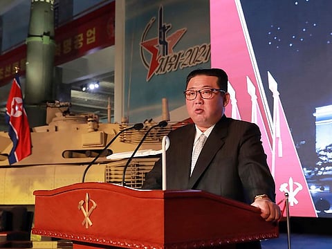 North Korean leader Kim Jong Un speaks during an exhibition of weapons systems in Pyongyang.