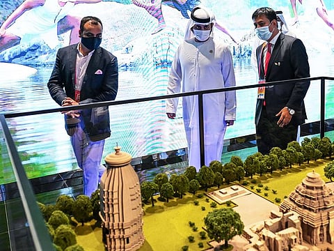 Sheikh Maktoum bin Mohammed bin Rashid Al Maktoum touring India Pavilion at Expo 2020 Dubai on Tuesday