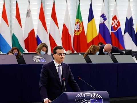 Polish Prime Minister Mateusz Morawiecki delivers a speech during a debate on Poland's challenge to the supremacy of EU laws at the European Parliament in Strasbourg, France October 19, 2021. 