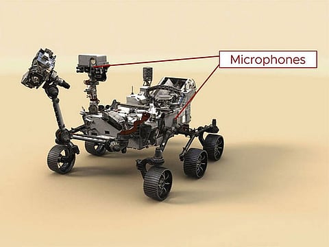 This illustration of NASA’s Perseverance Mars rover indicates the location of its two microphones.