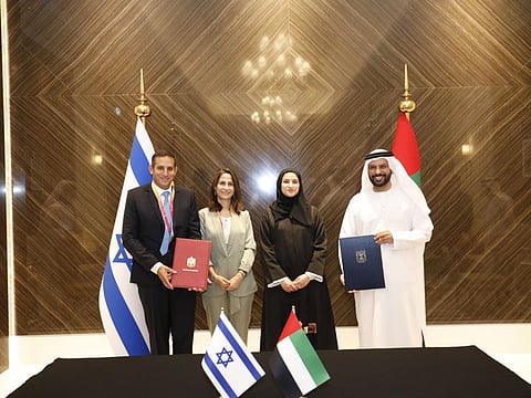 Sarah Al Amiri, Minister of State for Advanced Technologies and Chairwoman of the UAE Space Agency, and Orit Farkash Hacohen, Minister of Innovation, Science and Technology of Israel at the signing ceremony during Expo 2020 Dubai’s Space Week.