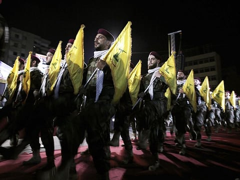 Hezbollah militants march at a rally to mark Jerusalem day or Al Quds day, in the southern Beirut suburb of Dahiyeh, Lebanon, in a file photo.
