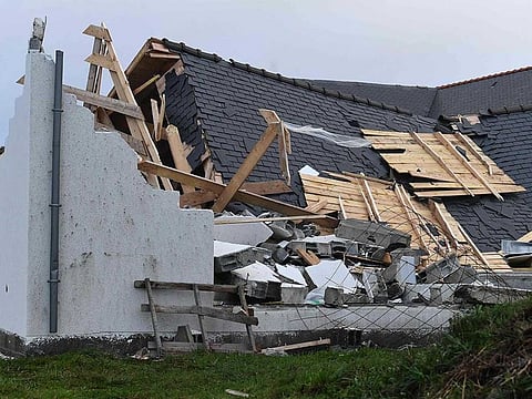 This picture shows a house destroyed after being hit by the storm Aurore, on October 21, 2021 in Plozevet, western France. 