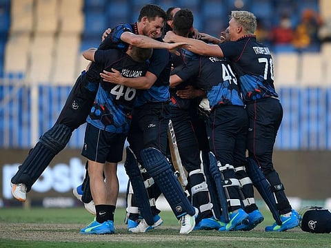 Over the moon: Namibia's cricketers celebrate their victory over Ireland in their last match at the ICC men’s Twenty20 World Cup qualifier.
