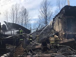Firefighters work to put out a fire at a gunpowder and chemicals plant in Ryazan Region, on October 22, 2021.  