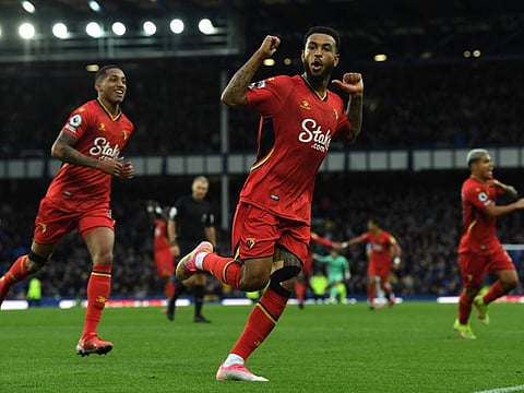 Watford's Norwegian striker Joshua King celebrates scoring his team's fourth goal during the English Premier League match against Everton at Goodison Park in Liverpool. Watford won 5-2. 
