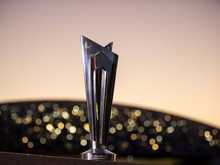 The ICC T20 World Cup Trophy in front of the Louvre in Abu Dhabi