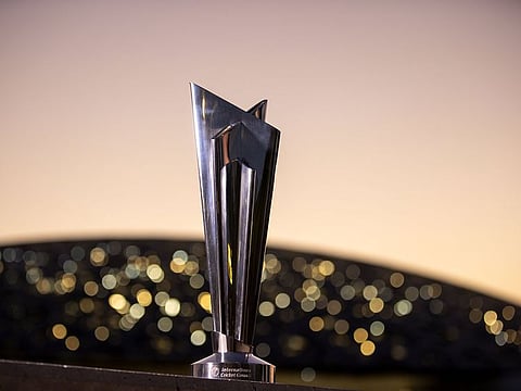 The ICC T20 World Cup Trophy in front of the Louvre in Abu Dhabi