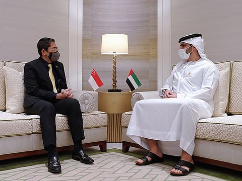 Sheikh Mansoor bin Mohammed bin Rashid Al Maktoum (right) meeting Dr Mohammed Malki bin Othman