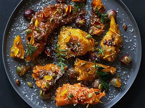 Vegan autumn recipe for pumpkins roasted in almond oil and Makrut lime leaf