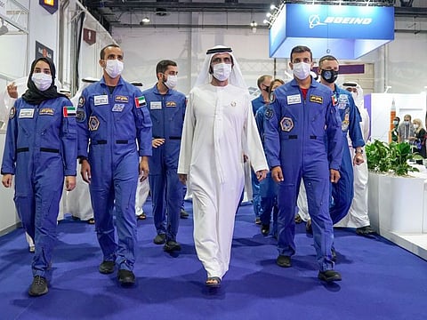 Sheikh Mohammed bin Rashid Al Maktoum visiting the '72nd International Astronautical Congress and Exhibition' at Dubai World Trade Centre on Monday with UAE astronauts