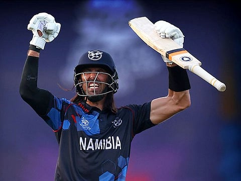 Namibia's David Wiese celebrates after winning the Round One match against Ireland during the ICC Men's T20 World Cup at the Sharjah Cricket Stadium on October 22, 2021. 