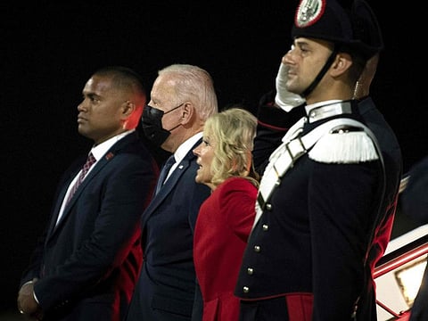 US President Joe Biden and US First Lady Jill Biden arrive at Rome Fiumicino International Airport, early on October 29, 2021, in Rome, Italy. 