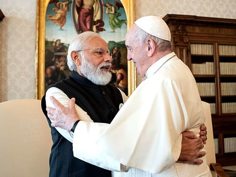 Pope Francis and Indian Prime Minister Narendra Modi during a private audience at The Vatican on October 30, 2021. 