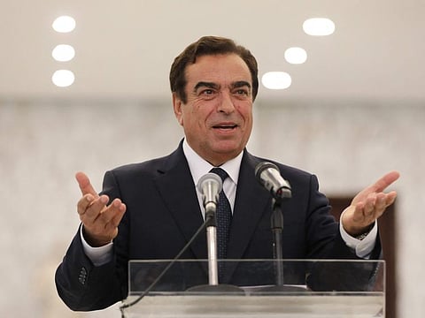 Lebanon's Minister of Information George Kordahi speaks during a press conference at the presidential palace in Baabda, east of the capital Beirut, in a file photo.