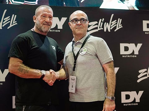   Dorian Yates (left) with Ashkan Sharifi, Founder of Eli Well, at the launch