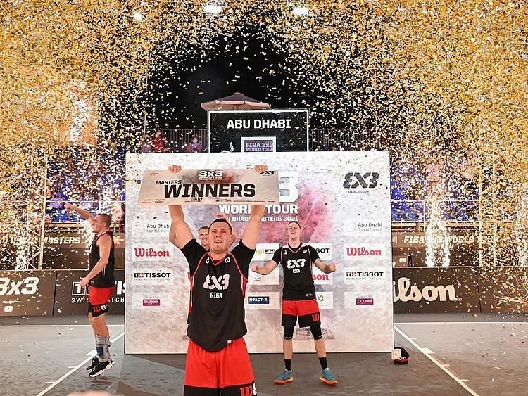 Latvia's Team Riga celebrate the Fiba 3x3 Basketball Masters title in Abu Dhabi