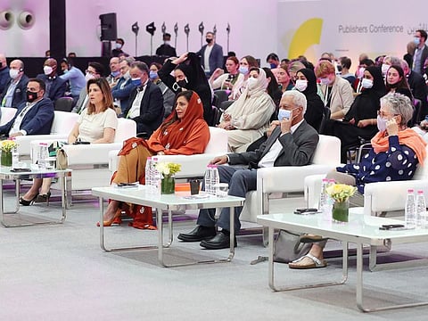 IPA President Bodour Al Qasimi (centre front), Nobel Laureate Abdulrazak Gurnah (second from right) and other attendees at Publishers Conference at Expo Sharjah Centre on November 1