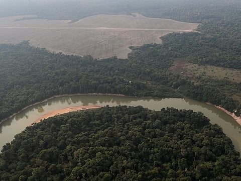 An aerial view shows a river and a deforested plot of the Amazon near Porto Velho, Rondonia State, Brazil 
