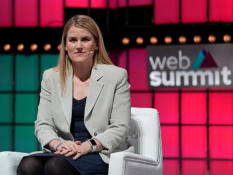 Facebook whistleblower Frances Haugen sits for an interview at centre stage during the opening of the Web Summit technology conference in Lisbon, Monday, Nov. 1, 2021. 