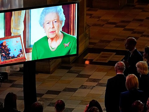 Britain's Queen Elizabeth II makes a video message to attendees of an evening reception to mark the opening day of the COP26 U.N. Climate Summit, in Glasgow, Scotland, Monday, Nov. 1, 2021. 