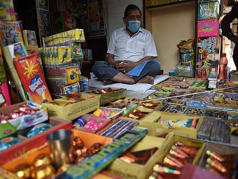 A firecracker shop in New Delhi in a file photo. Delhi police have seized four tonnes of firecrackers ahead of the major festival of Diwali 2021, as the Indian megacity braces for the annual pollution season when it regularly chokes in toxic smog. 