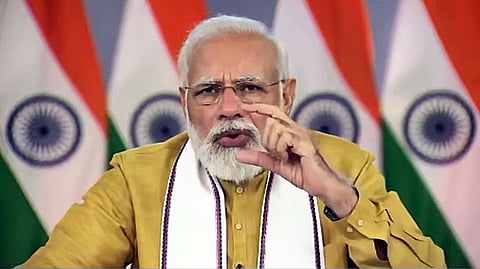 Prime Minister Narendra Modi holds a virtual review meeting with districts having low COVID-19 vaccination coverage, in New Delhi on November 3, 2021.. 