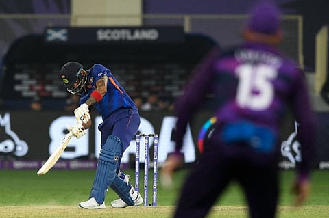 India's KL Rahul plays shot during the ICC mens Twenty20 World Cup cricket match between India and Scotland at the Dubai International Cricket Stadium in Dubai, UAE.