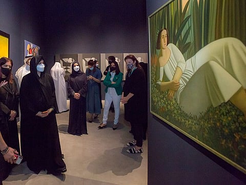 Sheikha Latifa bint Mohammed bin Rashid Al Maktoum (second from left) during her visit to the exhibition of 'Dubai Collection' at Etihad Museum