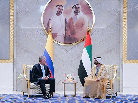 His Highness Sheikh Mohammed bin Rashid Al Maktoum with the President of Colombia at Expo 2020 Dubai. 