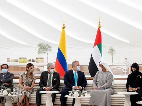His Highness Sheikh Mohamed bin Zayed Al Nahyan with Ivan Duque Marquez, the President of Colombia, at the UAE Pavilion today.